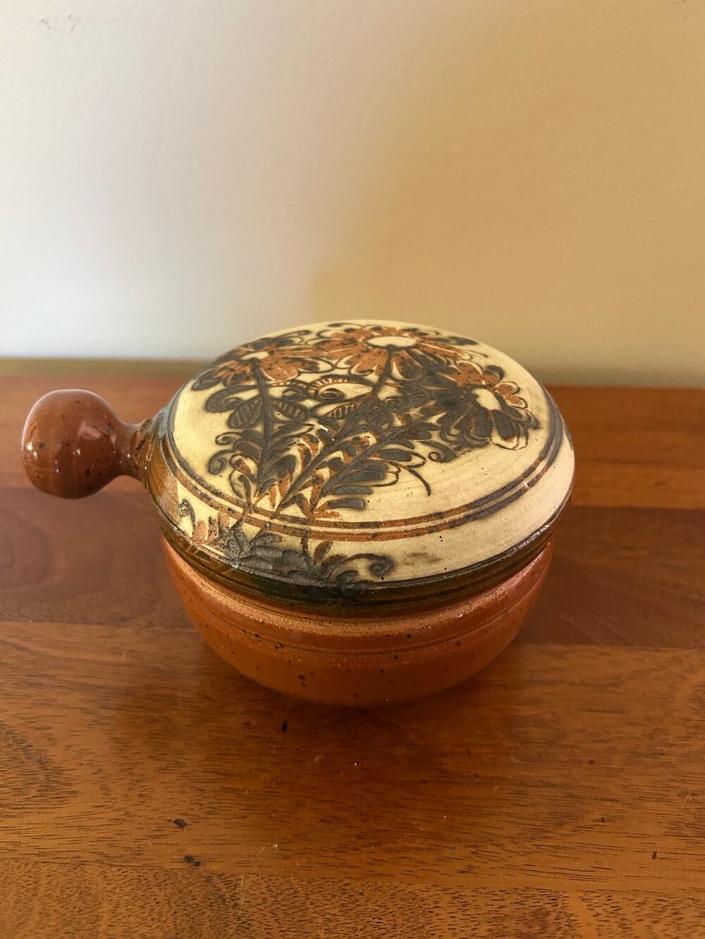 Handmade Terra Cotta Lidded Casserole Dish, Hand Painted Floral Lid